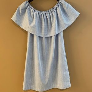 Blue pinstripe off-the-shoulder dress